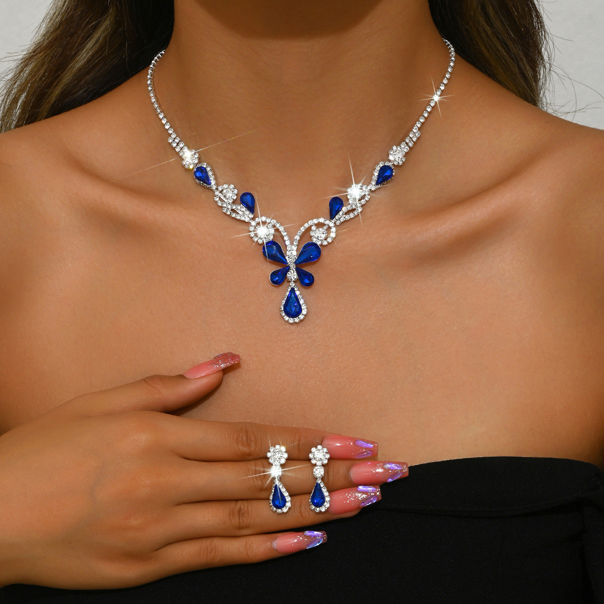 Geometric Teardrop Zircon Necklace and Earrings Set for Women
