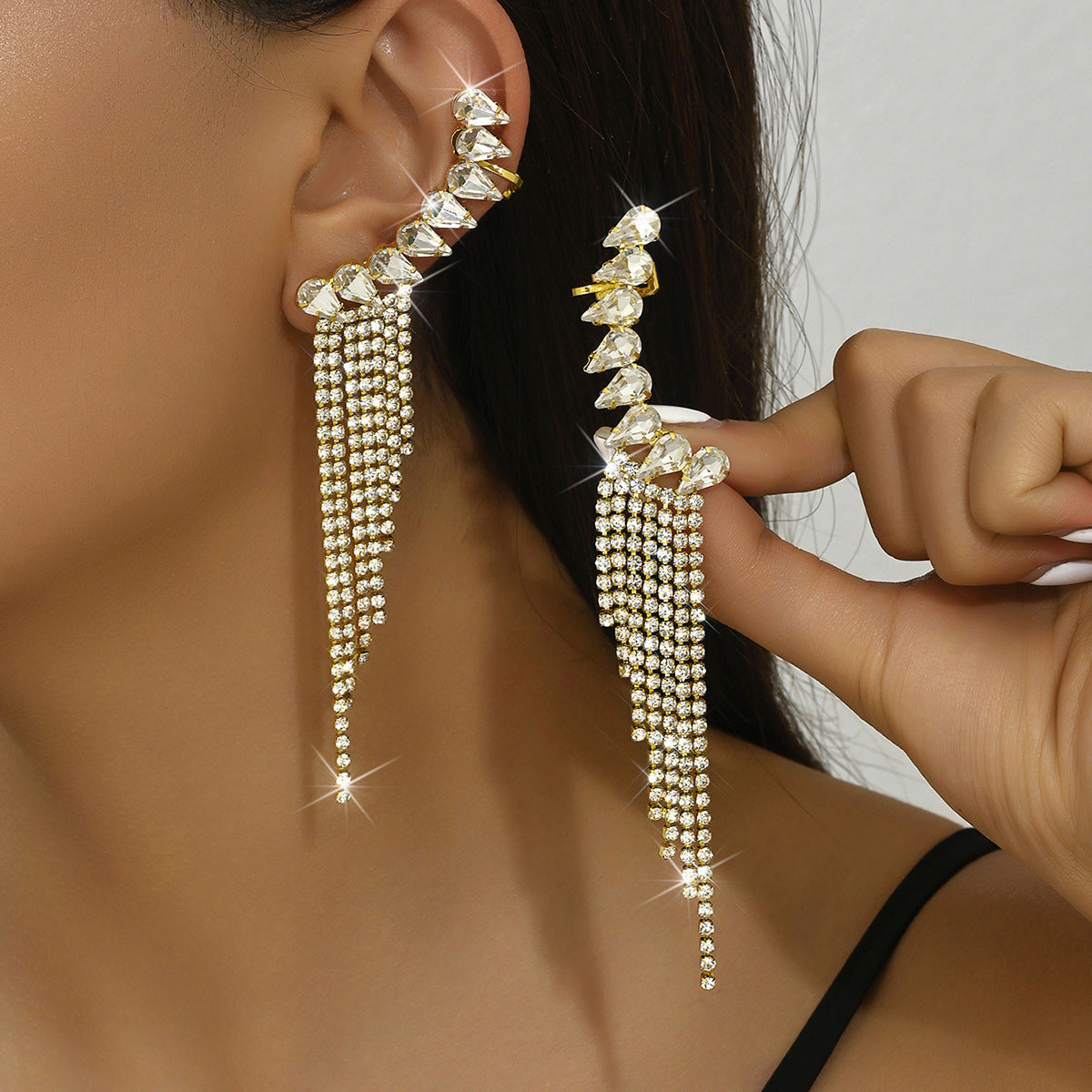 Rhinestone Tassel Drop Earrings for Women, Long Fringe Design — front view