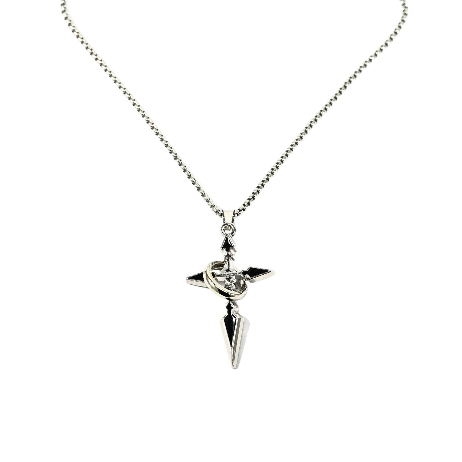 Titanium Steel Cross Necklace for Men, Pendant with Ring Detail — shown in use