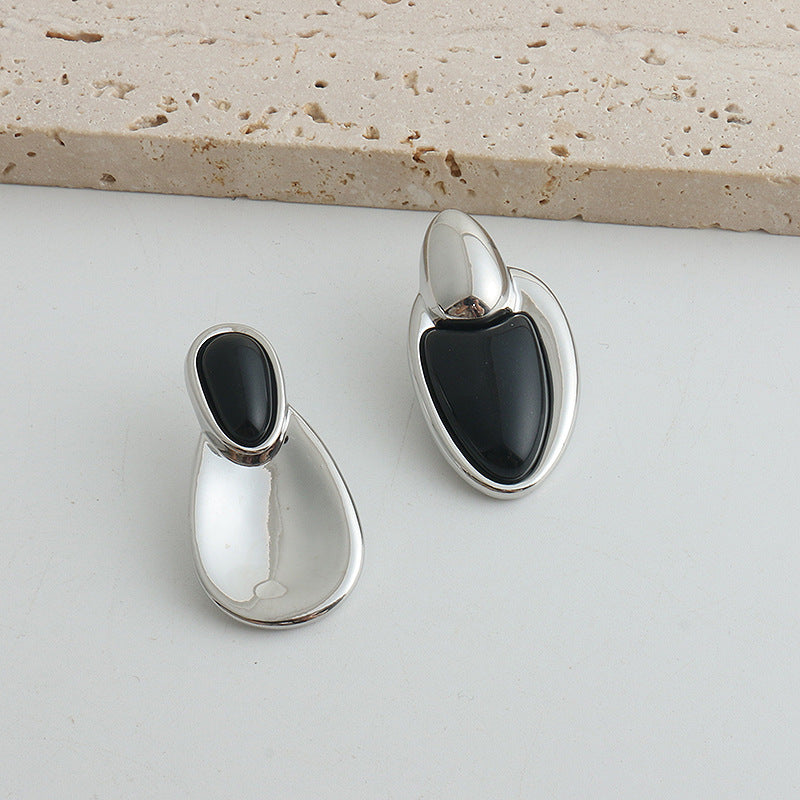 Black Onyx Necklace or Earrings in Gold or Silver Tone, Irregular Stitched Design — front view