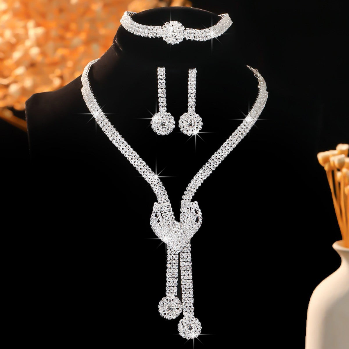Crystal-Set Bridal Necklace and Earrings Set in Three Styles — detail close-up