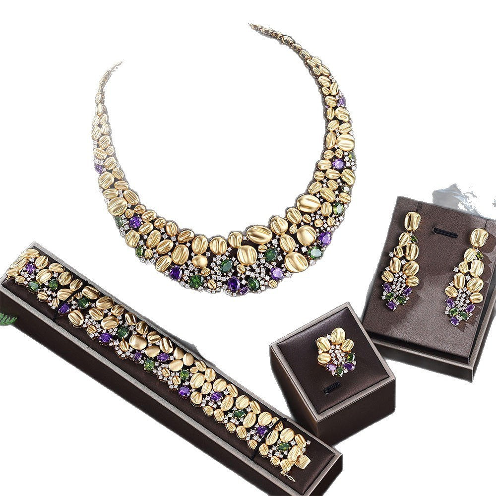 Oversized Necklace and Earrings Wedding Set in Pastel, Sapphire Blue Green or Olive Purple — shown in use