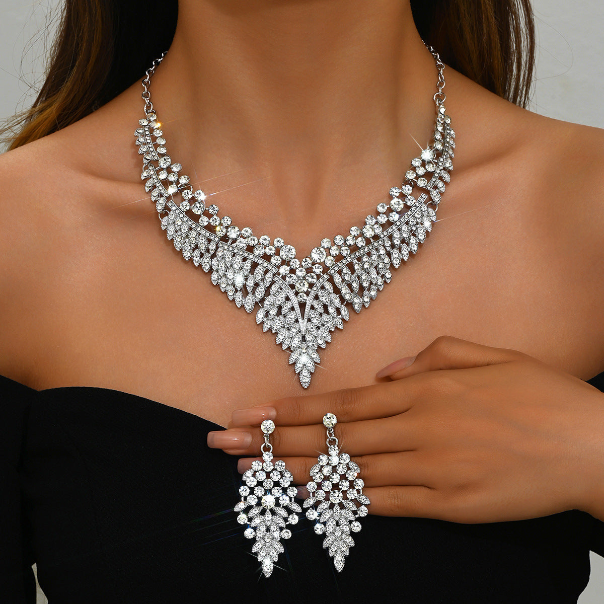 Stone-Set Flower Necklace and Earrings Bridal Set – Statement Wedding Jewelry