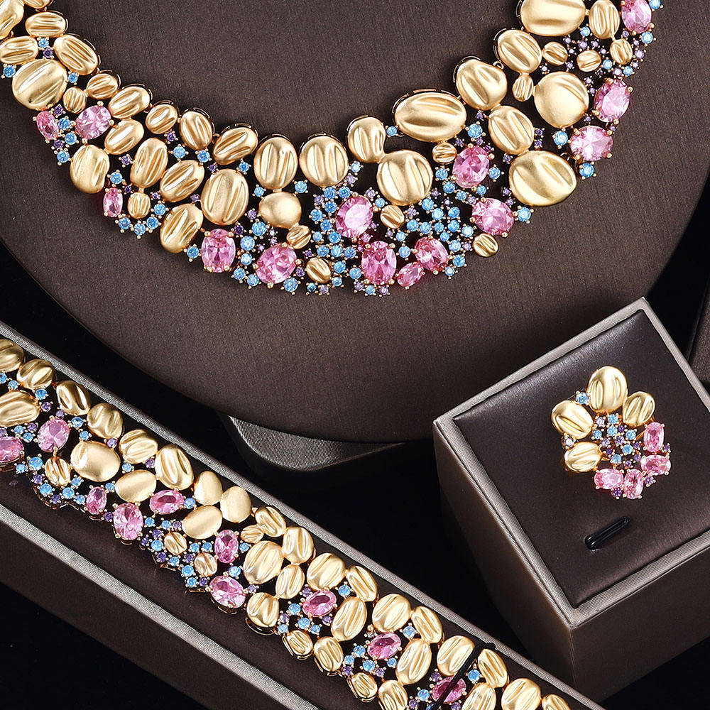 Oversized Necklace and Earrings Wedding Set in Pastel, Sapphire Blue Green or Olive Purple — alternate angle
