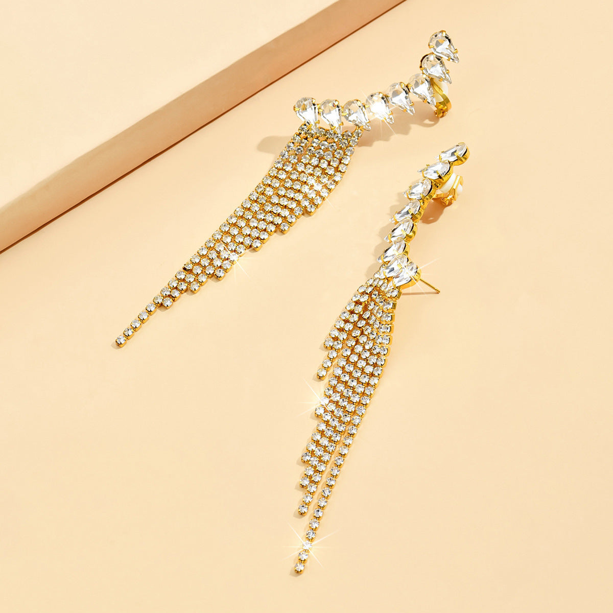 Rhinestone Tassel Drop Earrings for Women, Long Fringe Design — detail close-up