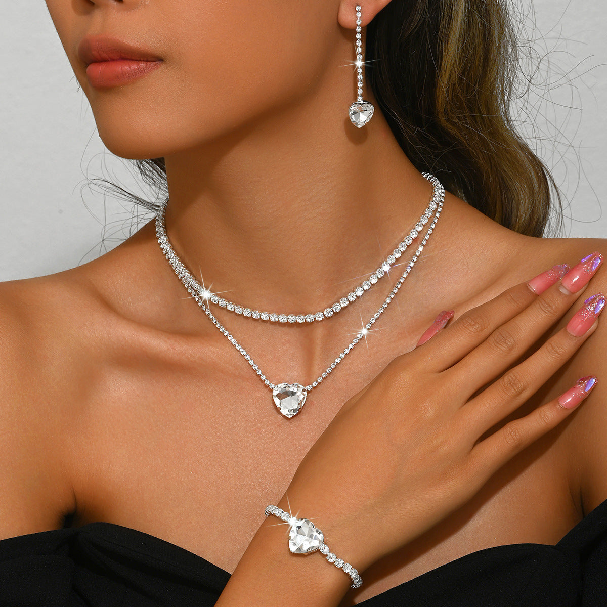 Heart Rhinestone Jewelry Set for Women, Double-Layer Claw Chain — shown in use
