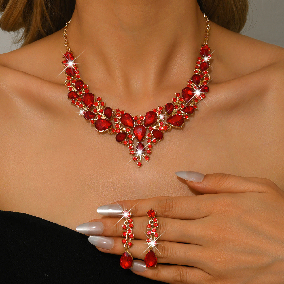 Stone-Set Flower Necklace and Earrings Bridal Set – Statement Wedding Jewelry
