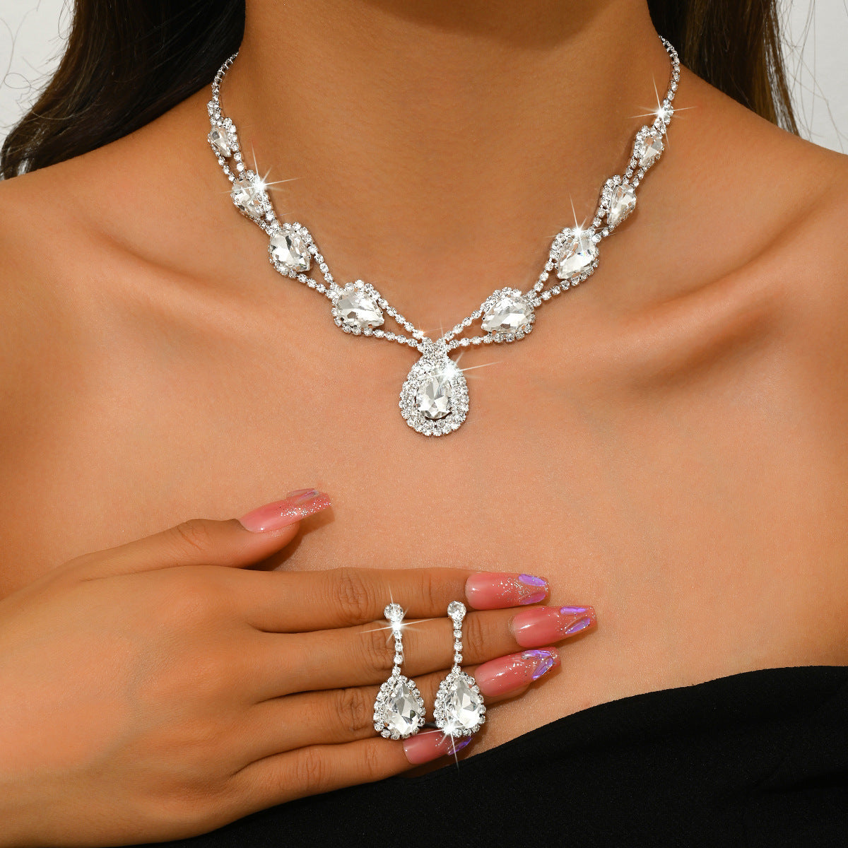 Geometric Teardrop Zircon Necklace and Earrings Set for Women