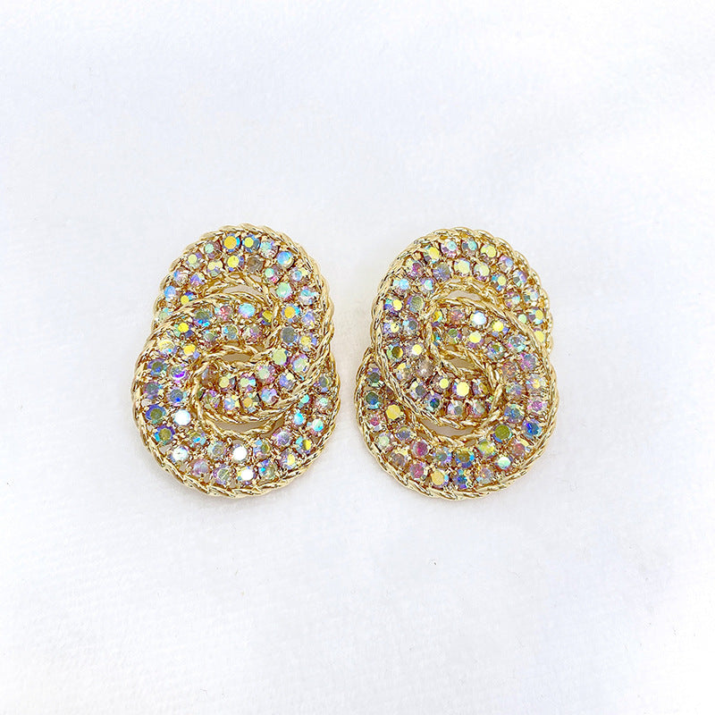 Double Arc Rhinestone Drop Earrings in Silver or Gold Tone, White, Black or Iridescent Stones — One Pair
