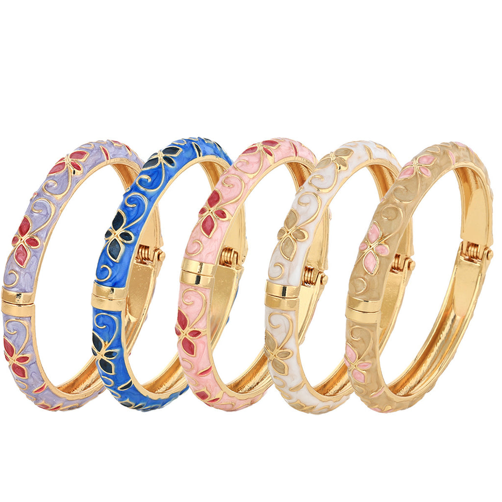 Enamel Five-Leaf Clover Open Bracelet in Pink, Purple — front view