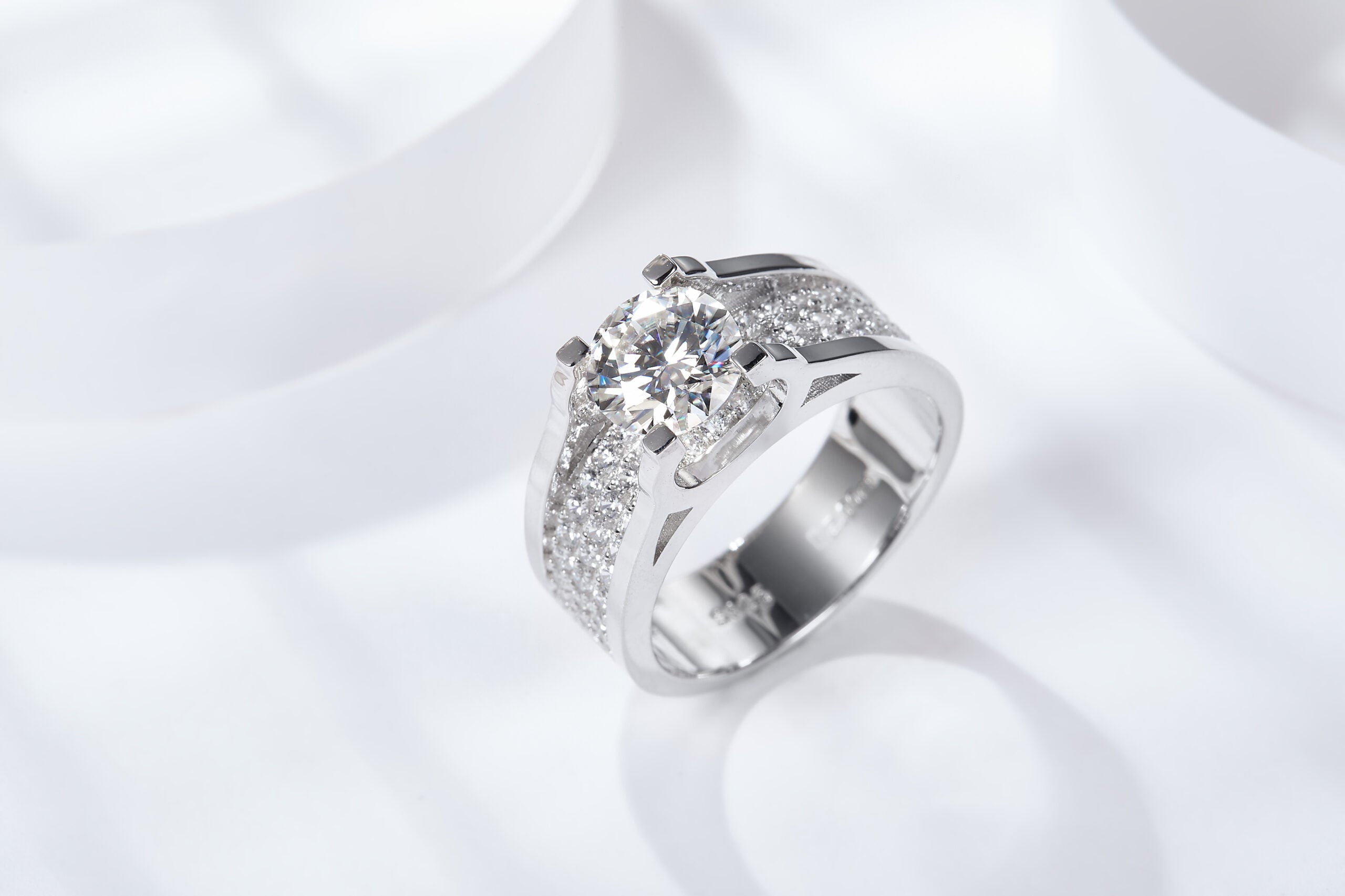 Sterling Silver Wide Band Moissanite Ring, 1ct or 2ct Stone — finish detail
