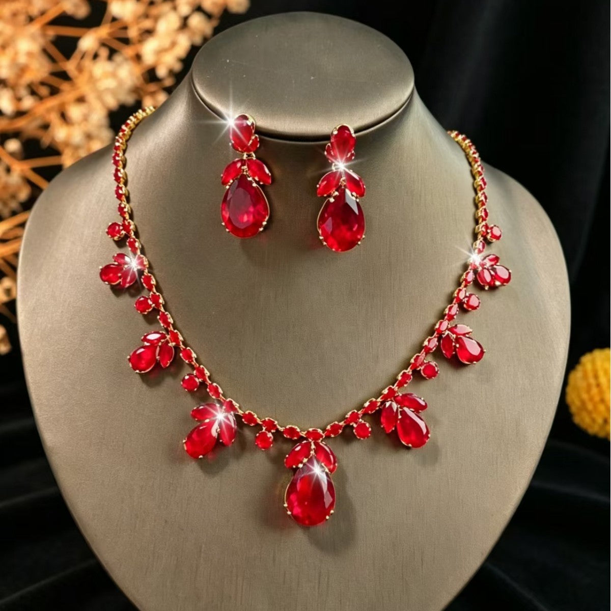 Pink Cubic Zirconia Leaf Jewelry Set, Gold-Plated Teardrop Necklace and Drop Earrings — alternate angle