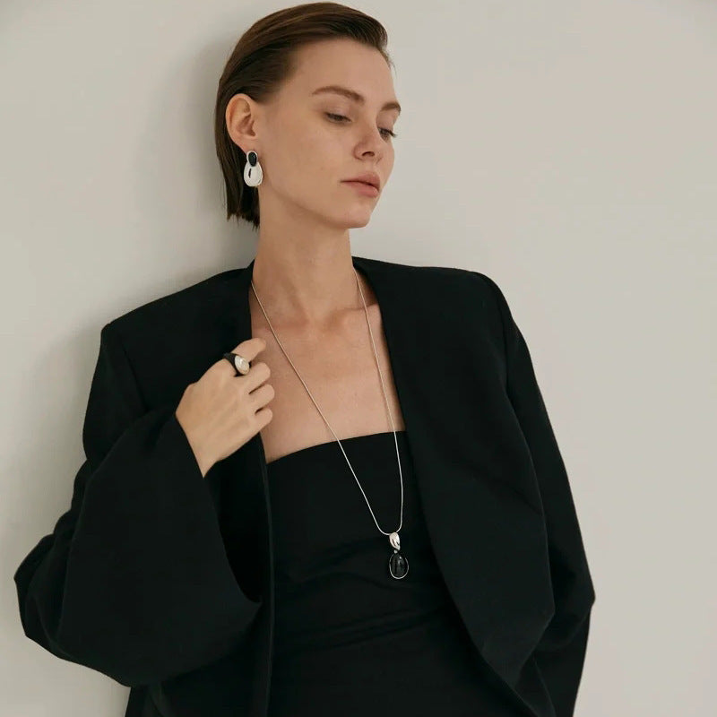 Black Onyx Necklace or Earrings in Gold or Silver Tone, Irregular Stitched Design — alternate angle