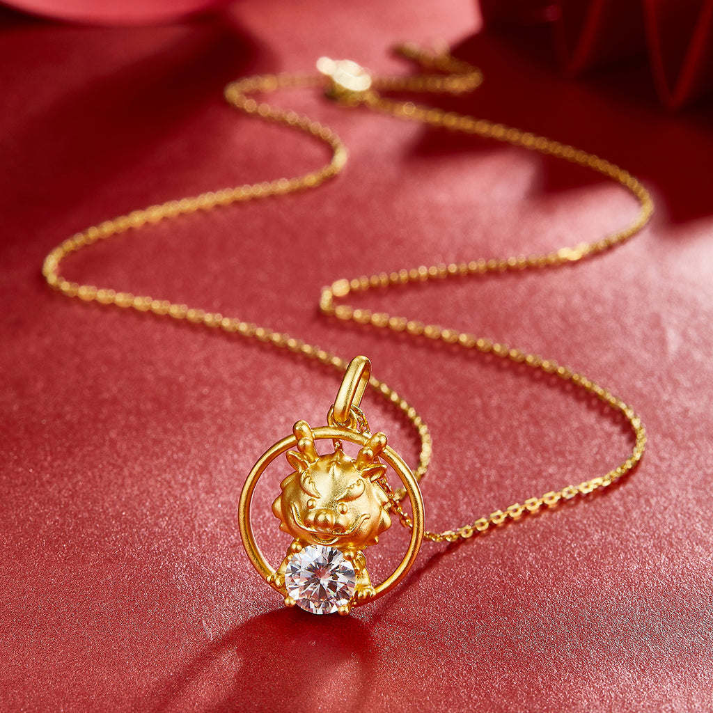 Sterling Silver Chinese Zodiac Dragon Necklace With 1 ct Moissanite, D Color VVS1 — shown in use