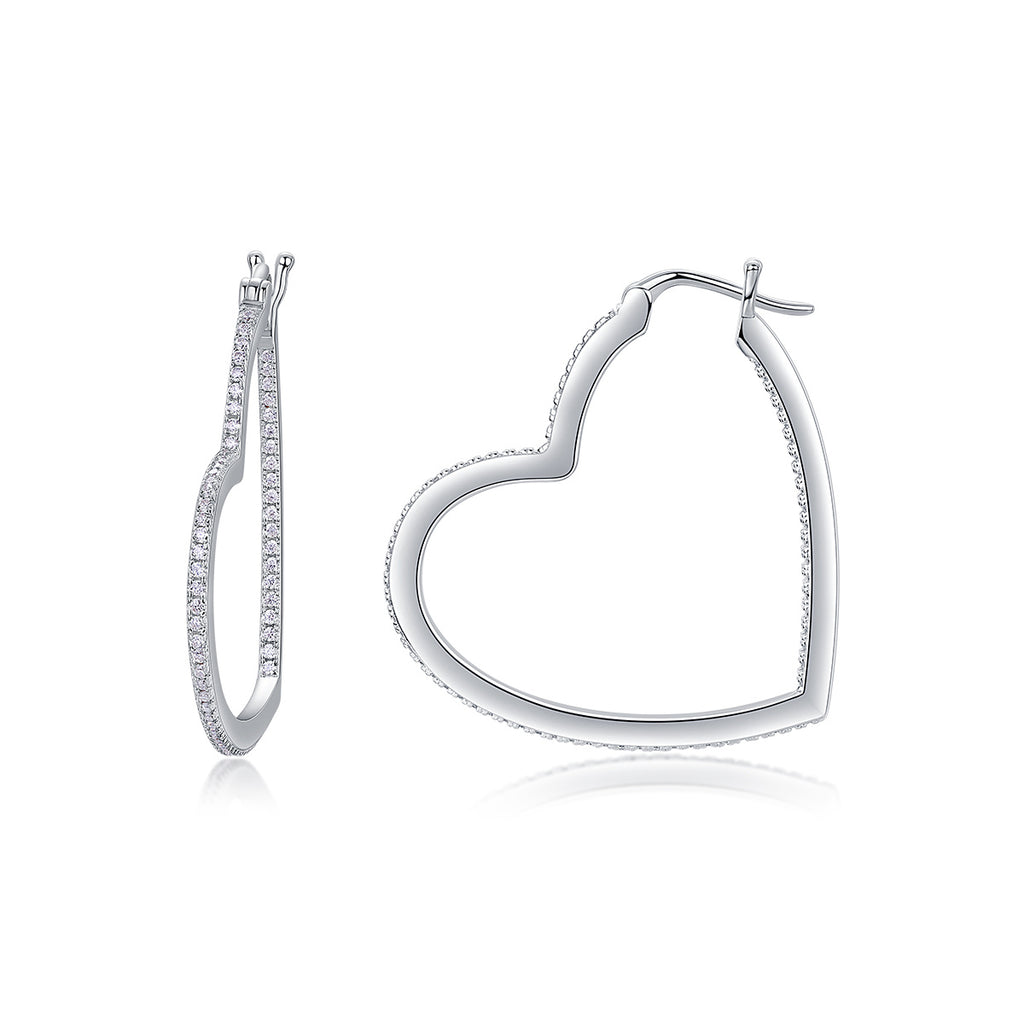 Sterling Silver Open Heart Hoop Earrings With 44 Pave Moissanite Stones, D-VVS1 — front view