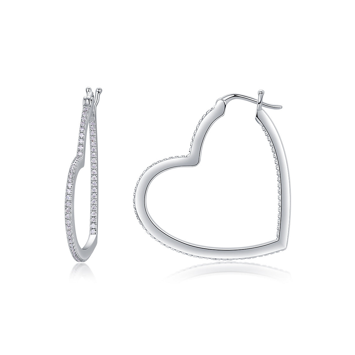 Sterling Silver Open Heart Hoop Earrings With 44 Pave Moissanite Stones, D-VVS1 — front view