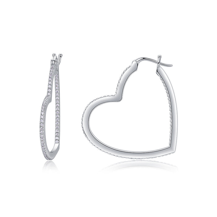 Sterling Silver Open Heart Hoop Earrings with Pave Moissanite, Platinum-Plated