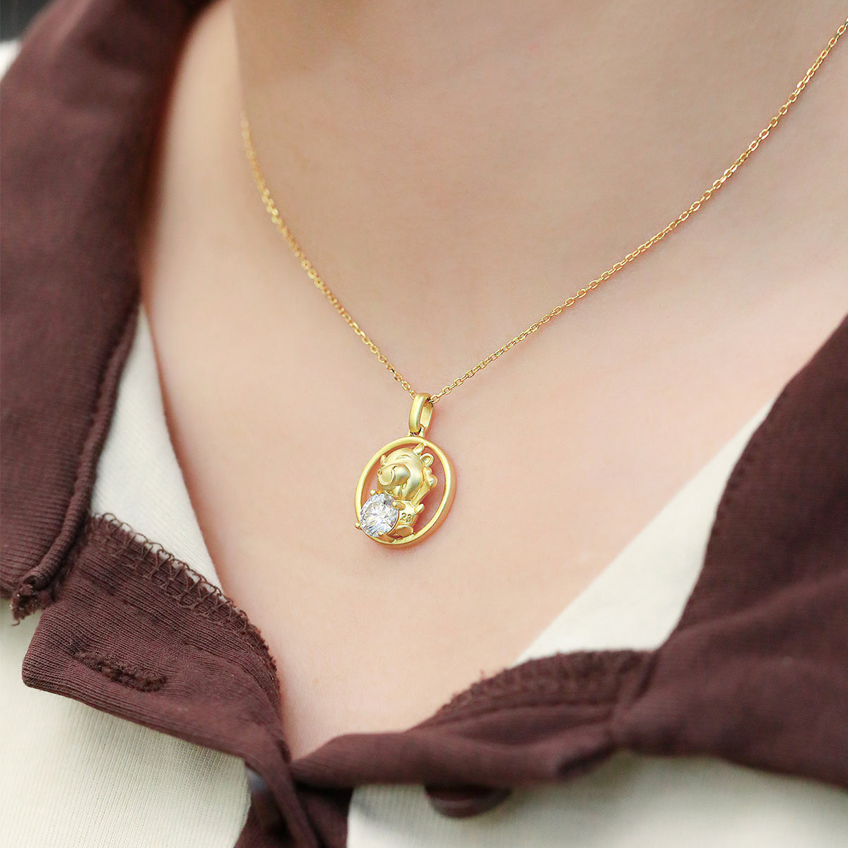Sterling Silver Chinese Zodiac Ox Necklace With 1 ct Moissanite, D Color VVS1 — front view