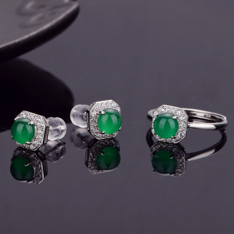 Sterling Silver Octagon Halo Stud Earrings With 6 mm Round Green Chrysoprase — detail close-up