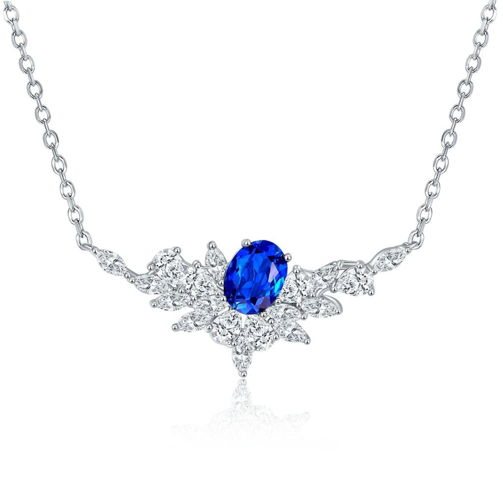 Sterling Silver Lab-Grown Ruby or Sapphire Necklace, 8x6mm Oval with Marquise Cluster — alternate angle