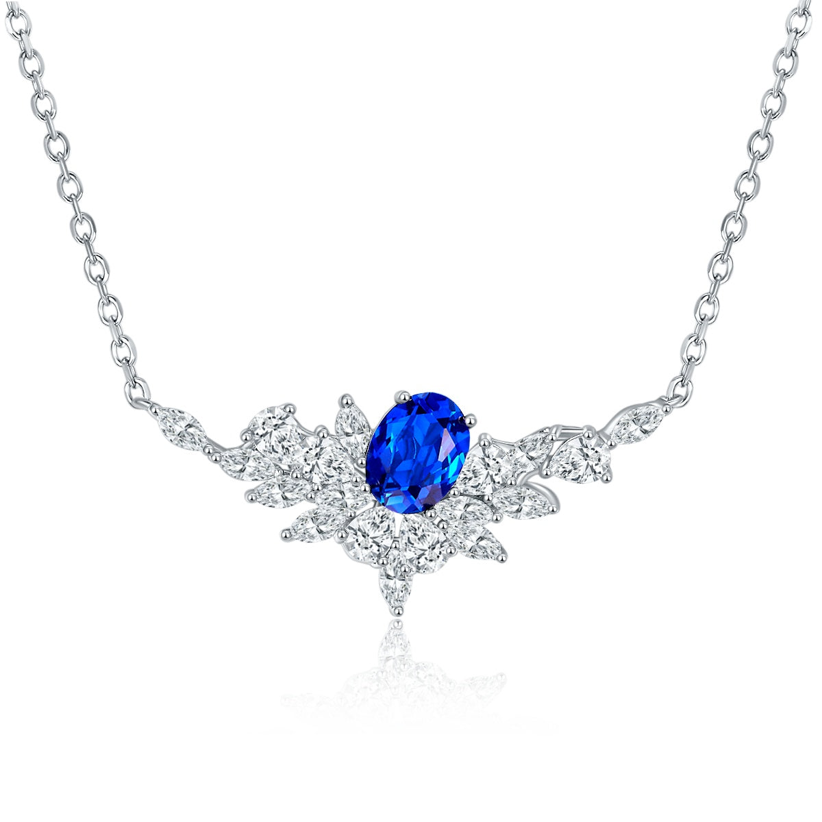 Sterling Silver Lab-Grown Ruby or Sapphire Necklace, 8x6mm Oval with Marquise Cluster — alternate angle