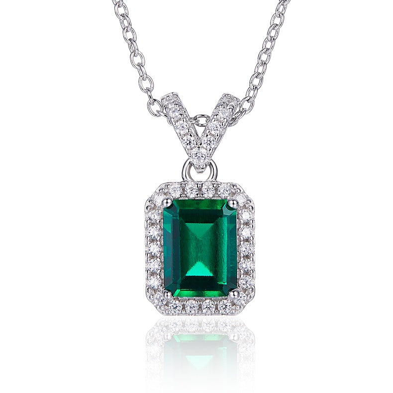 Sterling Silver Lab-Grown Emerald Pendant Necklace, Emerald Cut with Halo — front view
