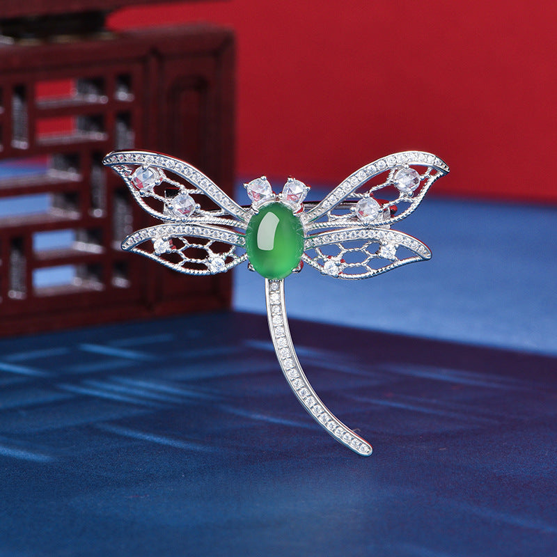Sterling Silver Dragonfly Brooch With 8 x 6 mm Green Chrysoprase Cabochon, Platinum-Plated — side view