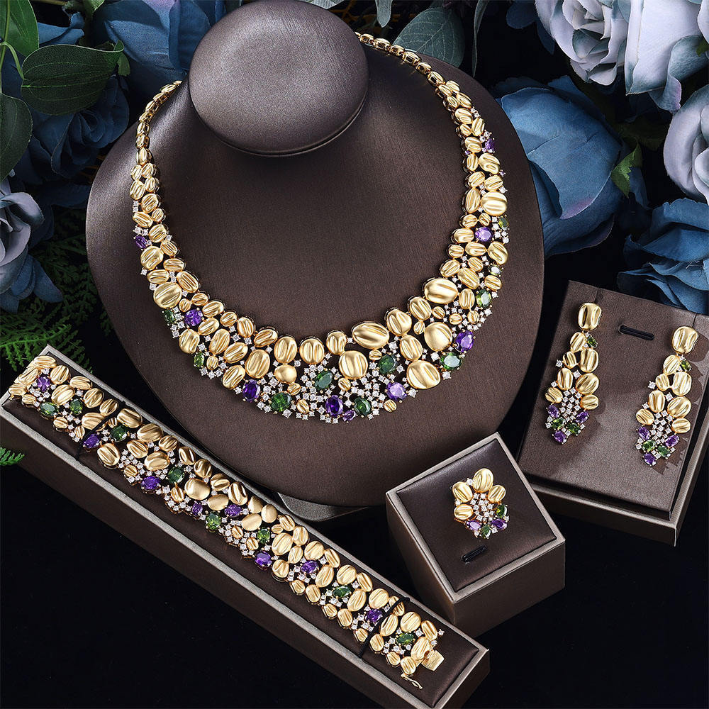 Oversized Necklace and Earrings Wedding Set in Pastel, Sapphire Blue Green or Olive Purple — side view