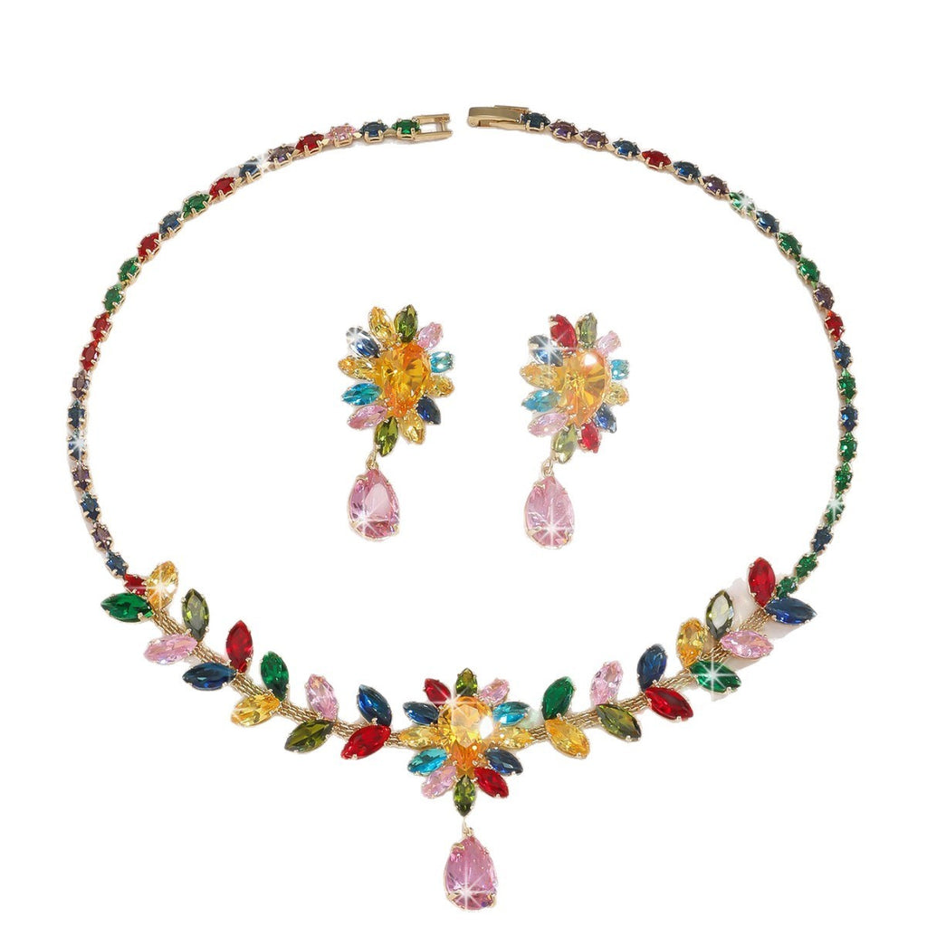 Bridal Zircon Jewelry Set, Teardrop and Leaf Rhinestone Necklace with Earrings — shown in use