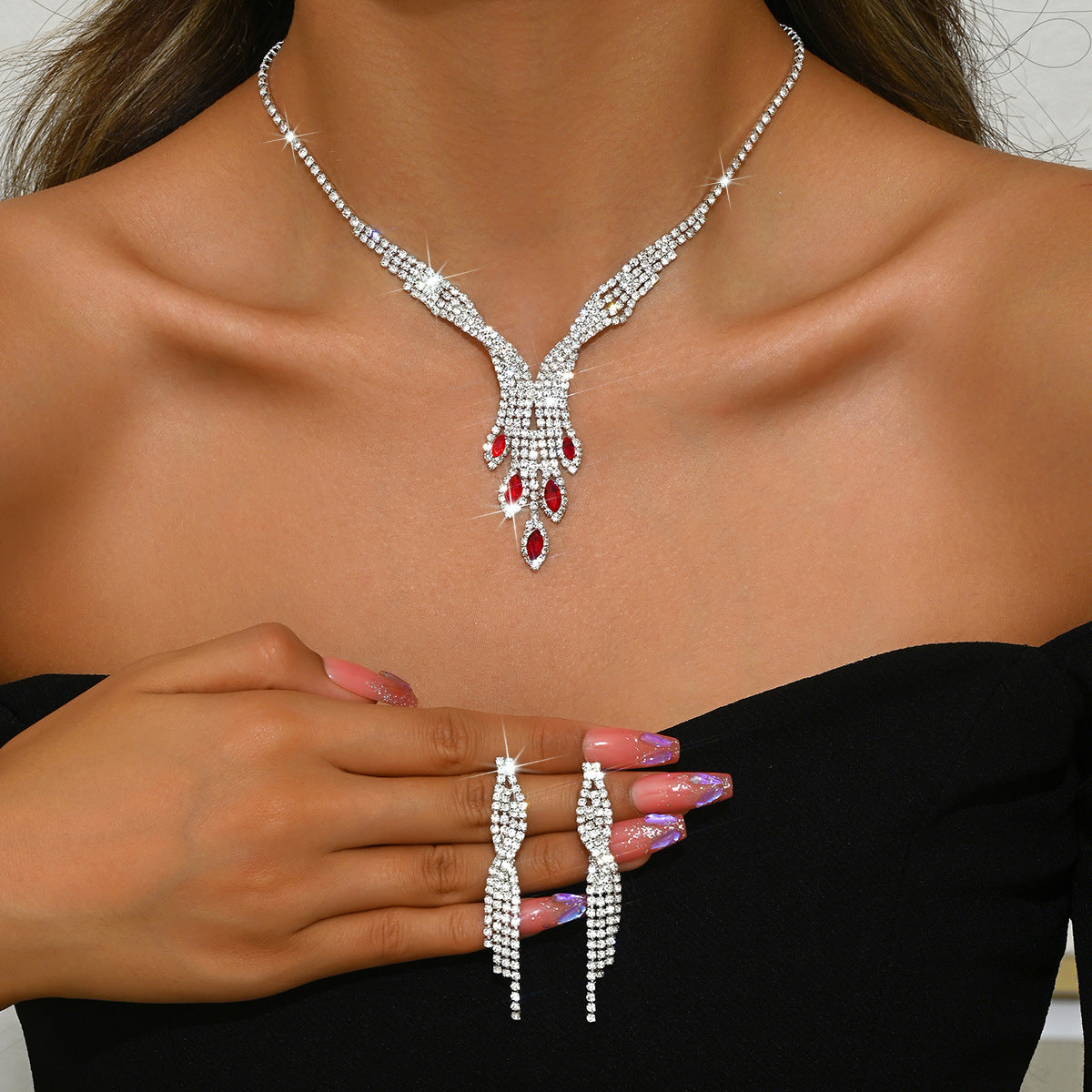 Geometric Teardrop Zircon Necklace and Earrings Set for Women