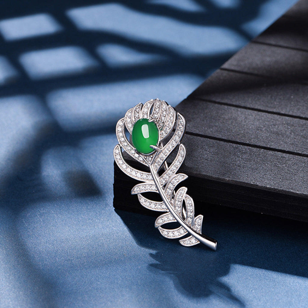 Sterling Silver Feather Brooch With 8 x 6 mm Green Chrysoprase Cabochon, Platinum-Plated — alternate angle