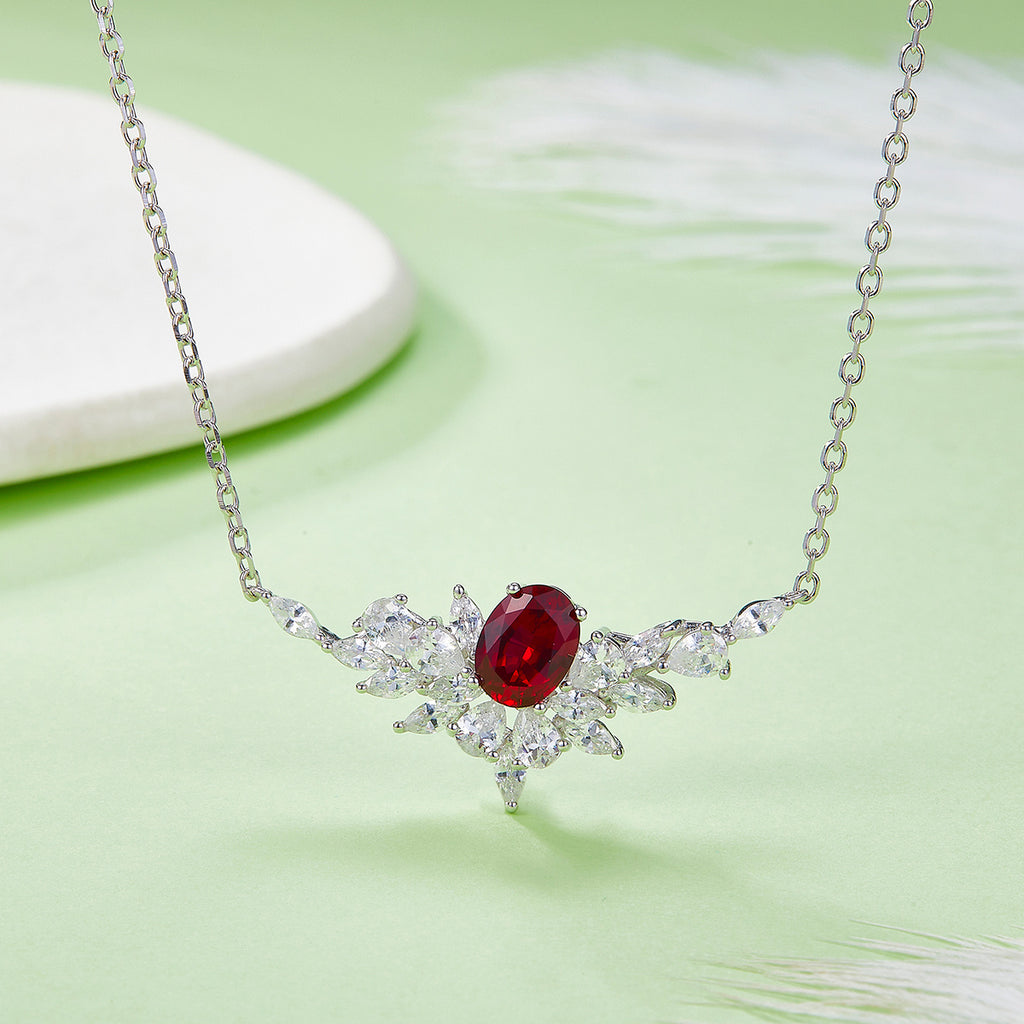 Sterling Silver Lab-Grown Ruby or Sapphire Necklace, 8x6mm Oval with Marquise Cluster — side view