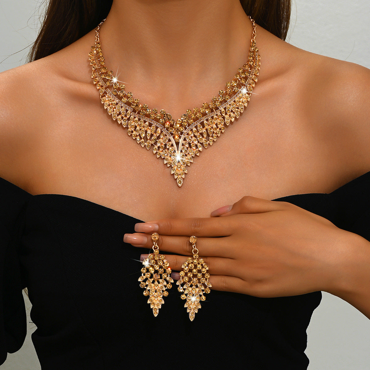 Stone-Set Flower Necklace and Earrings Bridal Set – Statement Wedding Jewelry