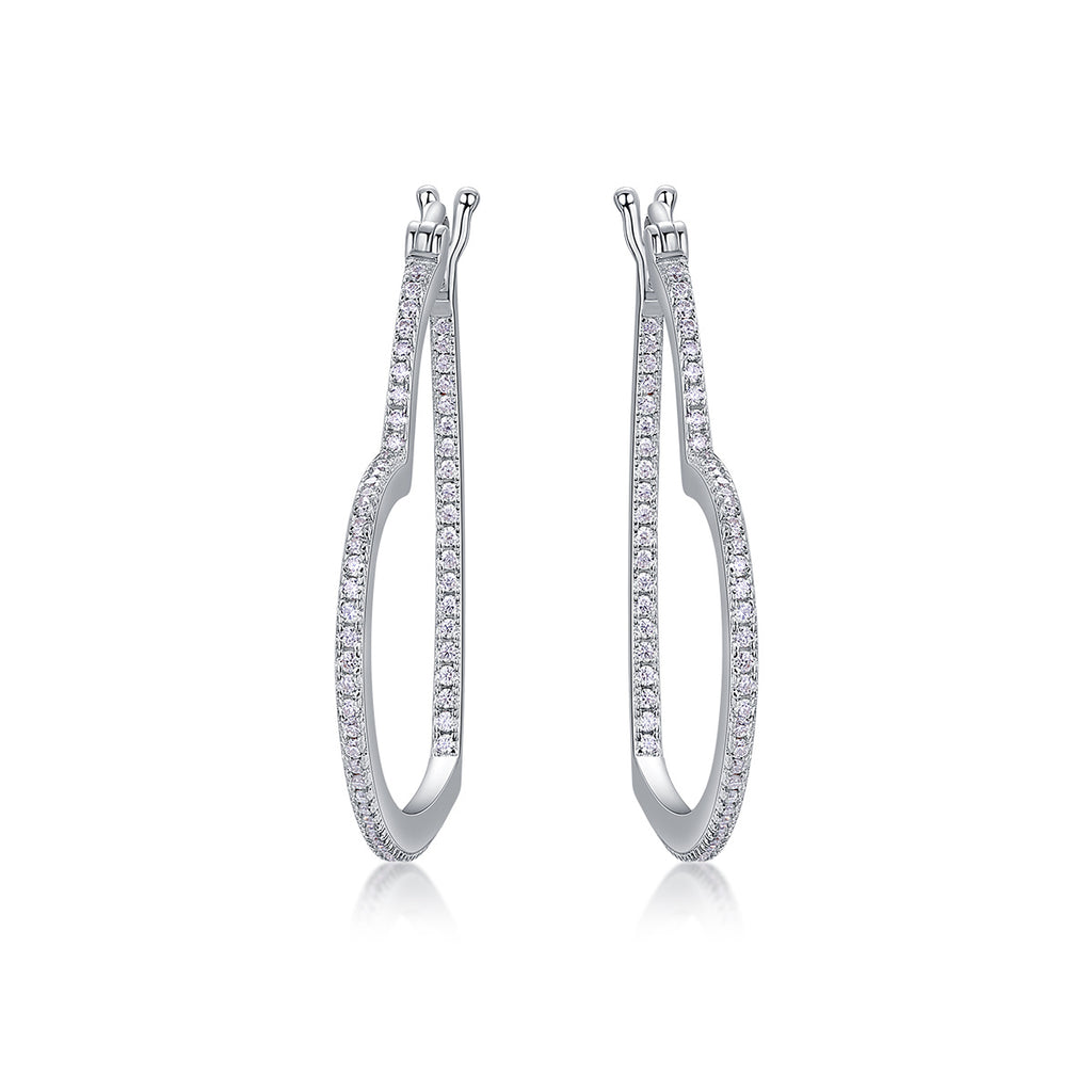 Sterling Silver Open Heart Hoop Earrings With 44 Pave Moissanite Stones, D-VVS1 — detail close-up