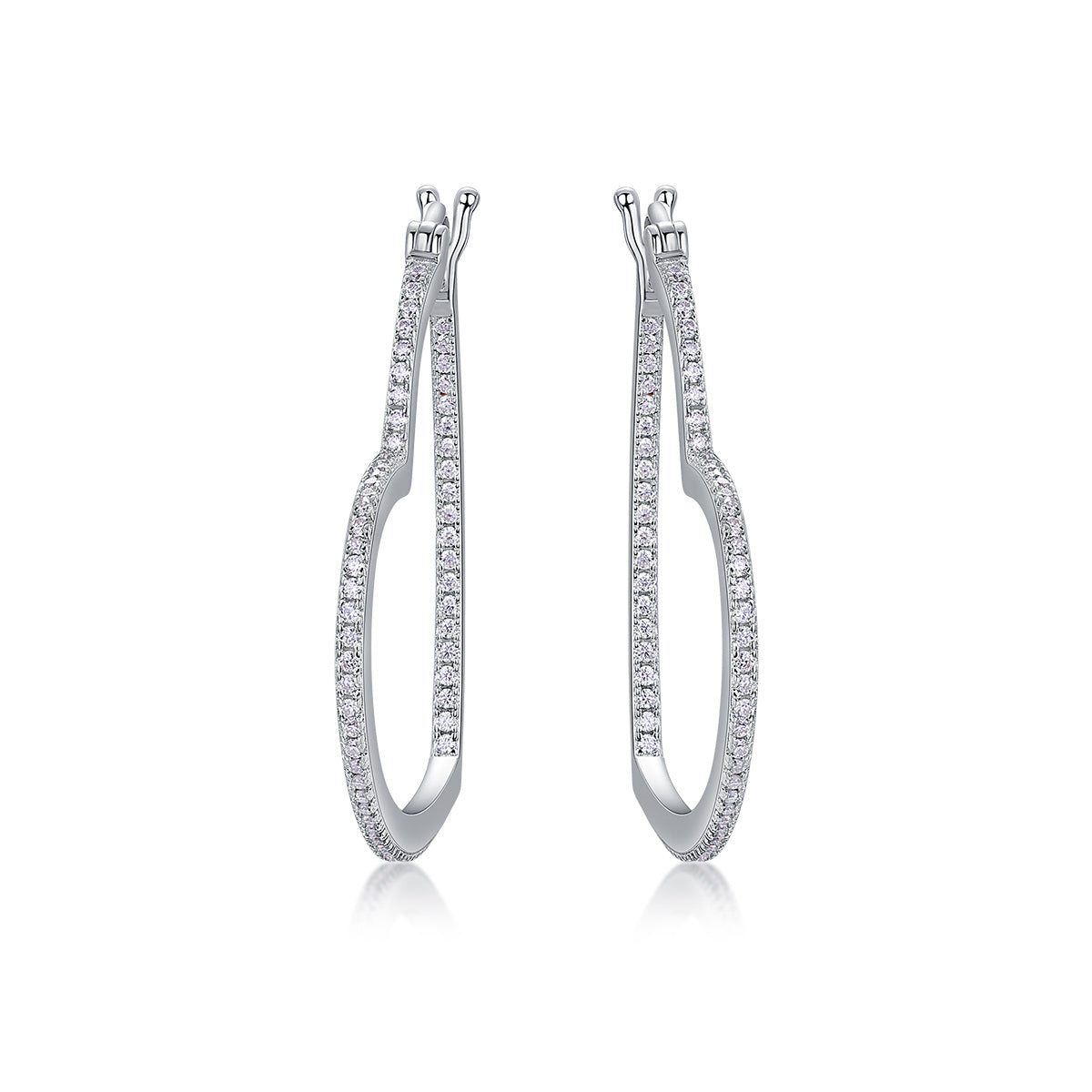 Sterling Silver Open Heart Hoop Earrings With 44 Pave Moissanite Stones, D-VVS1 — detail close-up
