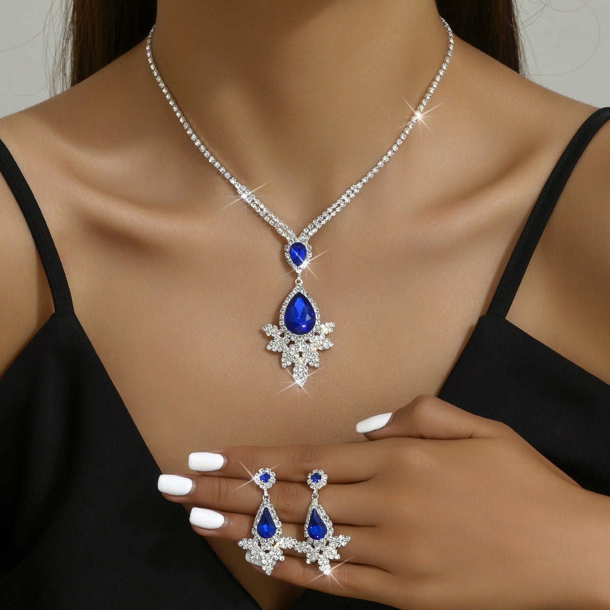 Geometric Teardrop Zircon Necklace and Earrings Set for Women