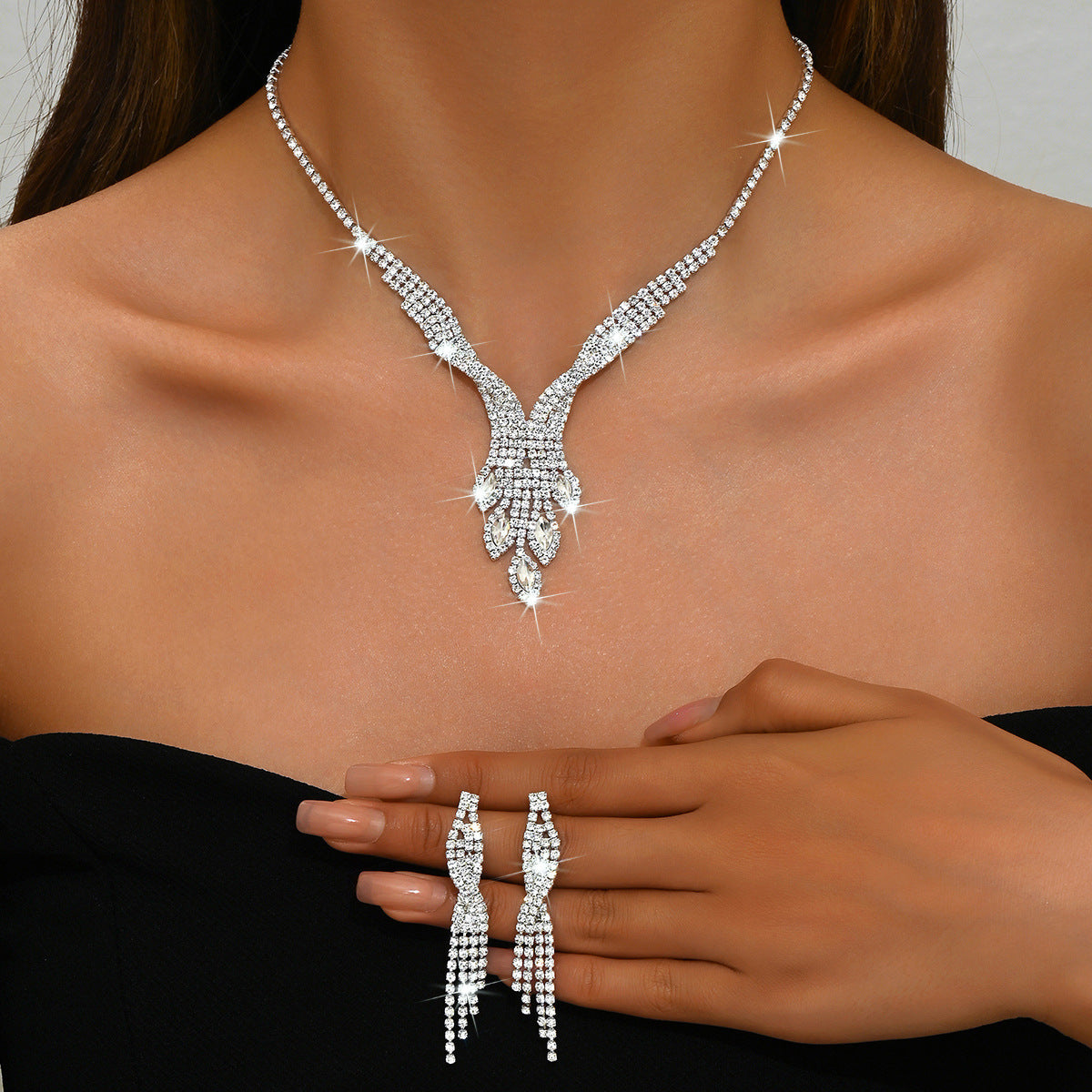 Geometric Teardrop Zircon Necklace and Earrings Set for Women