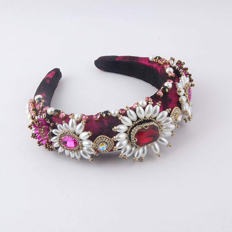 Baroque Padded Headband with Rhinestones and Faux Pearls, Four Designs — finish detail