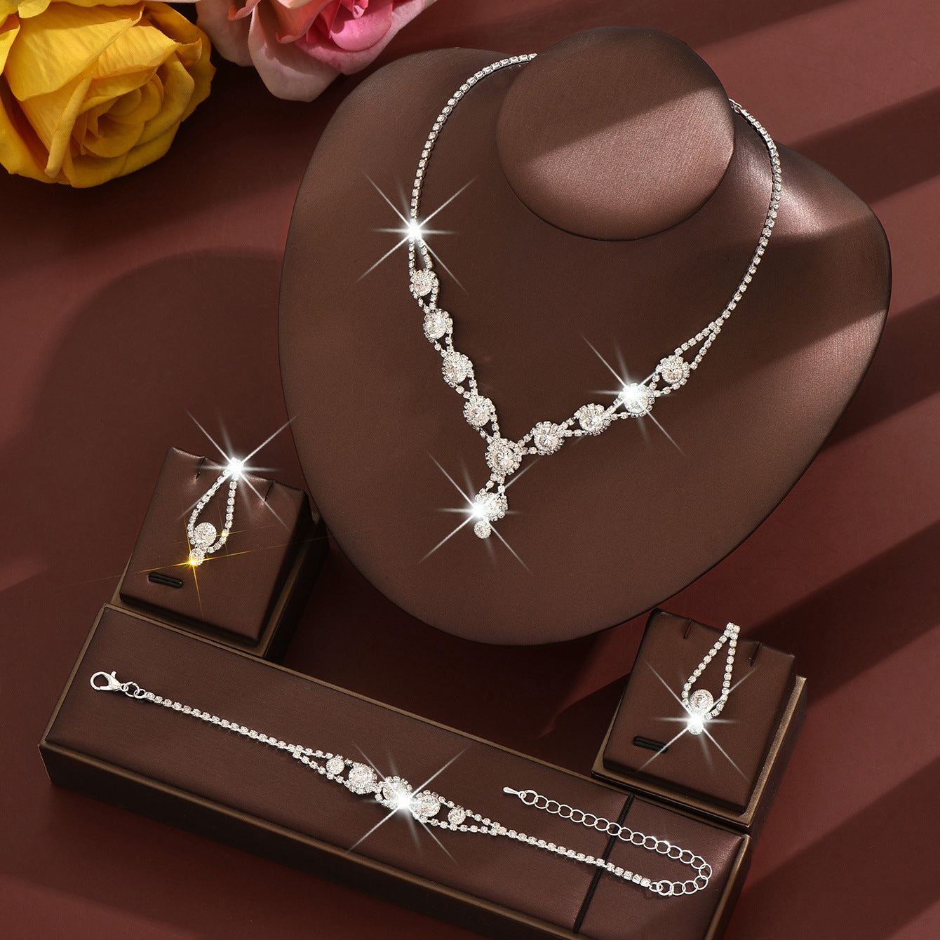 Rhinestone Geometric 3-Piece Jewelry Set – Necklace, Earrings and Bracelet