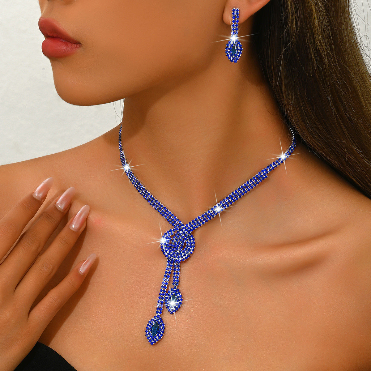 Geometric Teardrop Zircon Necklace and Earrings Set, Gold Silver Rose Gold or Royal Blue — side view