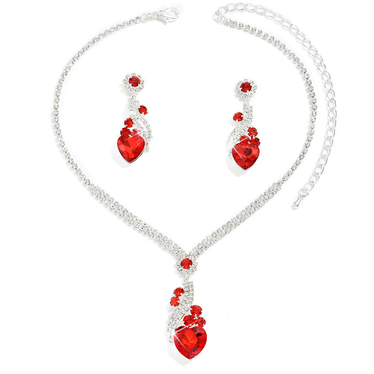 Claw Chain Teardrop and Heart Necklace and Earrings Set of 2 in Royal Blue, Red — shown in use