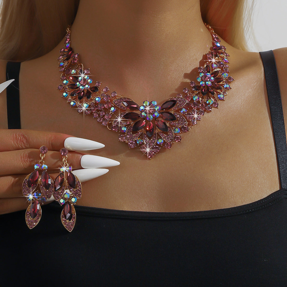 Bridal Necklace and Earrings Set, Silver Red Green or Blue Stones — front view