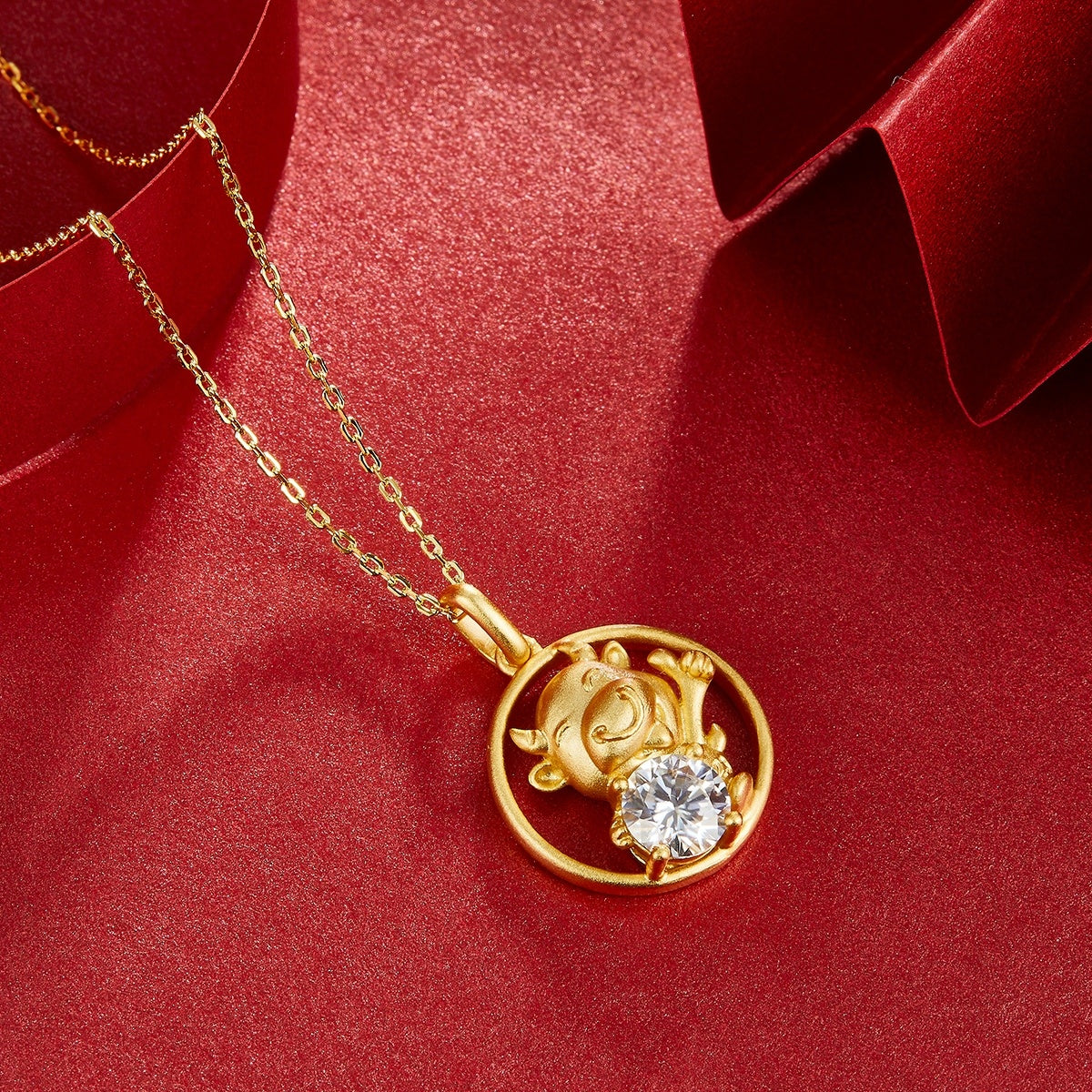 Sterling Silver Chinese Zodiac Ox Necklace With 1 ct Moissanite, D Color VVS1 — shown in use
