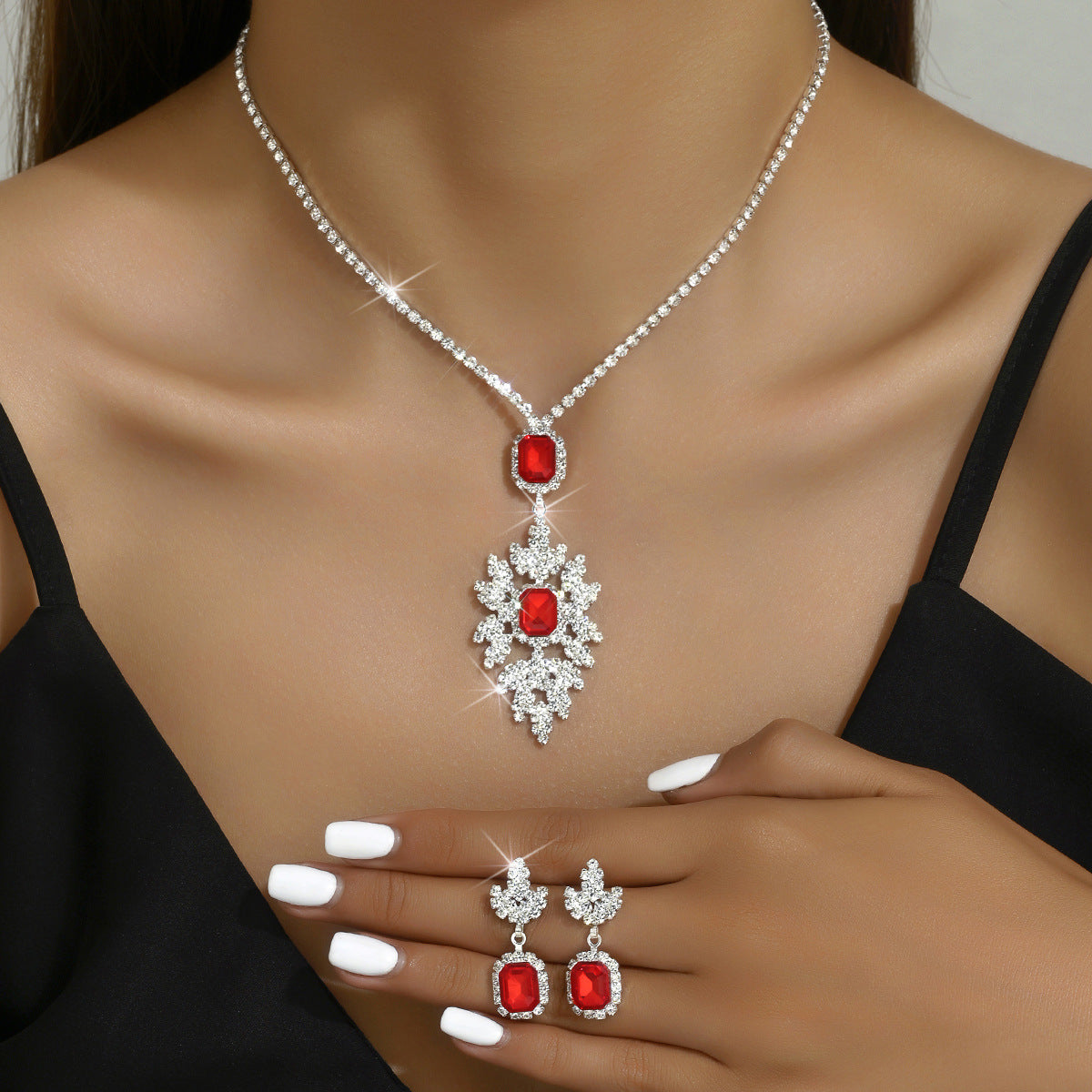 Geometric Teardrop Zircon Necklace and Earrings Set for Women