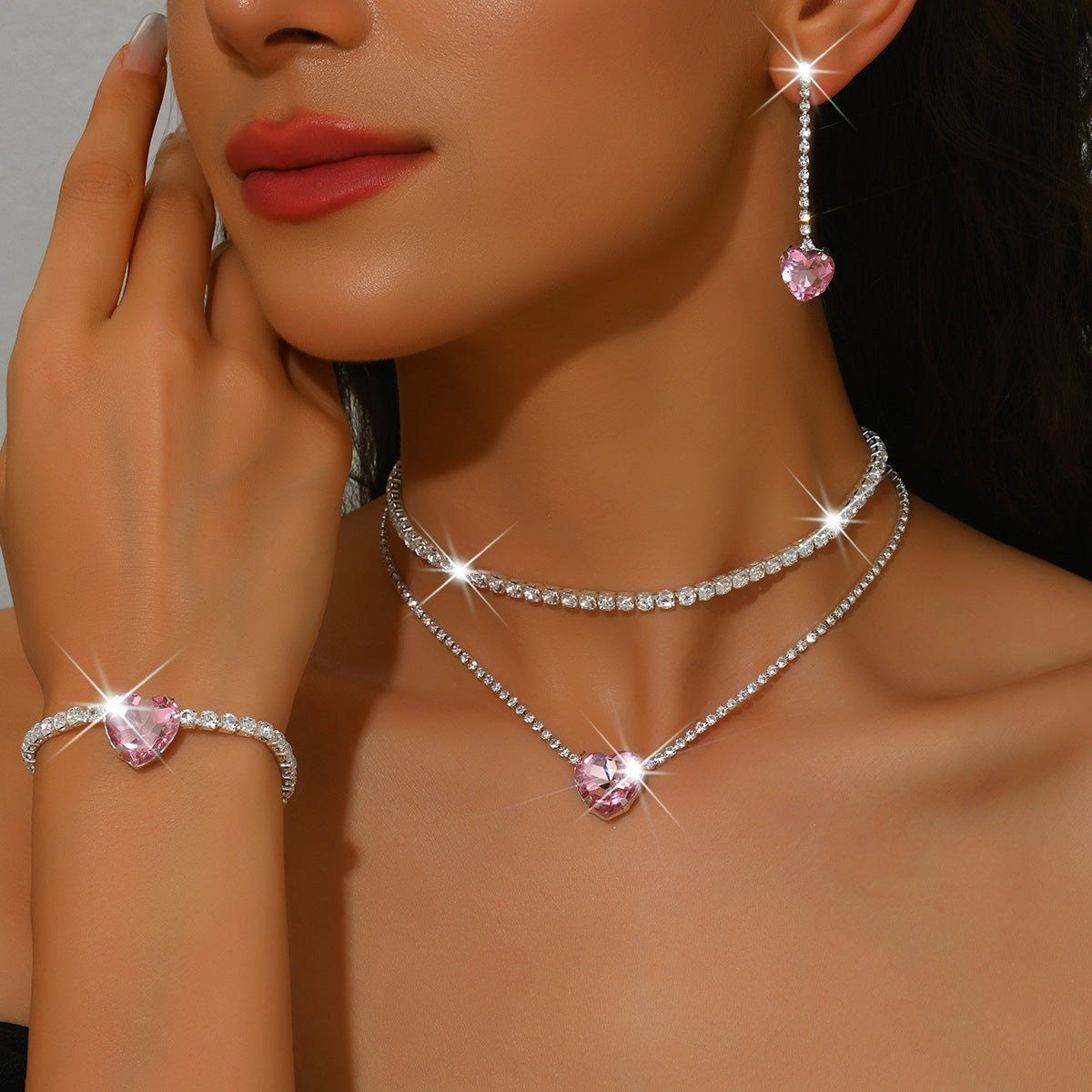 Heart Rhinestone Jewelry Set for Women, Double-Layer Claw Chain — front view