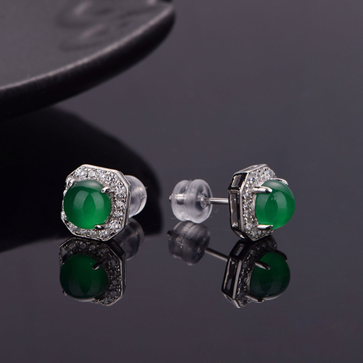 Sterling Silver Octagon Halo Stud Earrings With 6 mm Round Green Chrysoprase — alternate angle