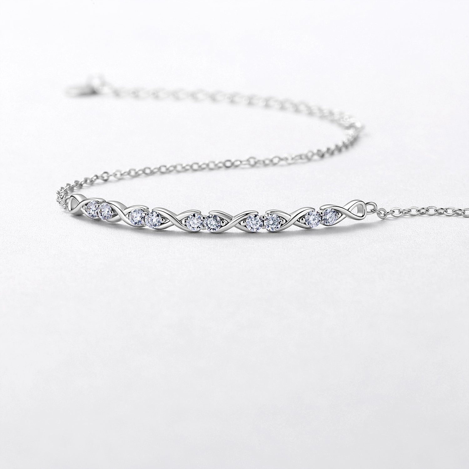 Sterling Silver Infinity Bracelet With Moissanite, D-VVS1 — detail close-up