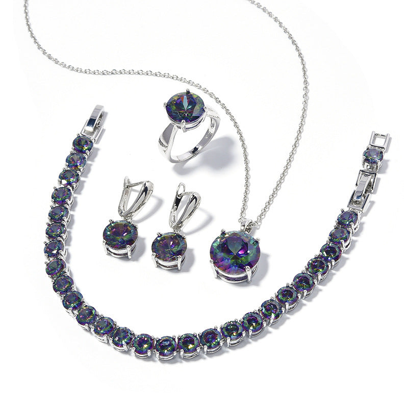 Geometric Round-Stone Necklace, Earrings — side view