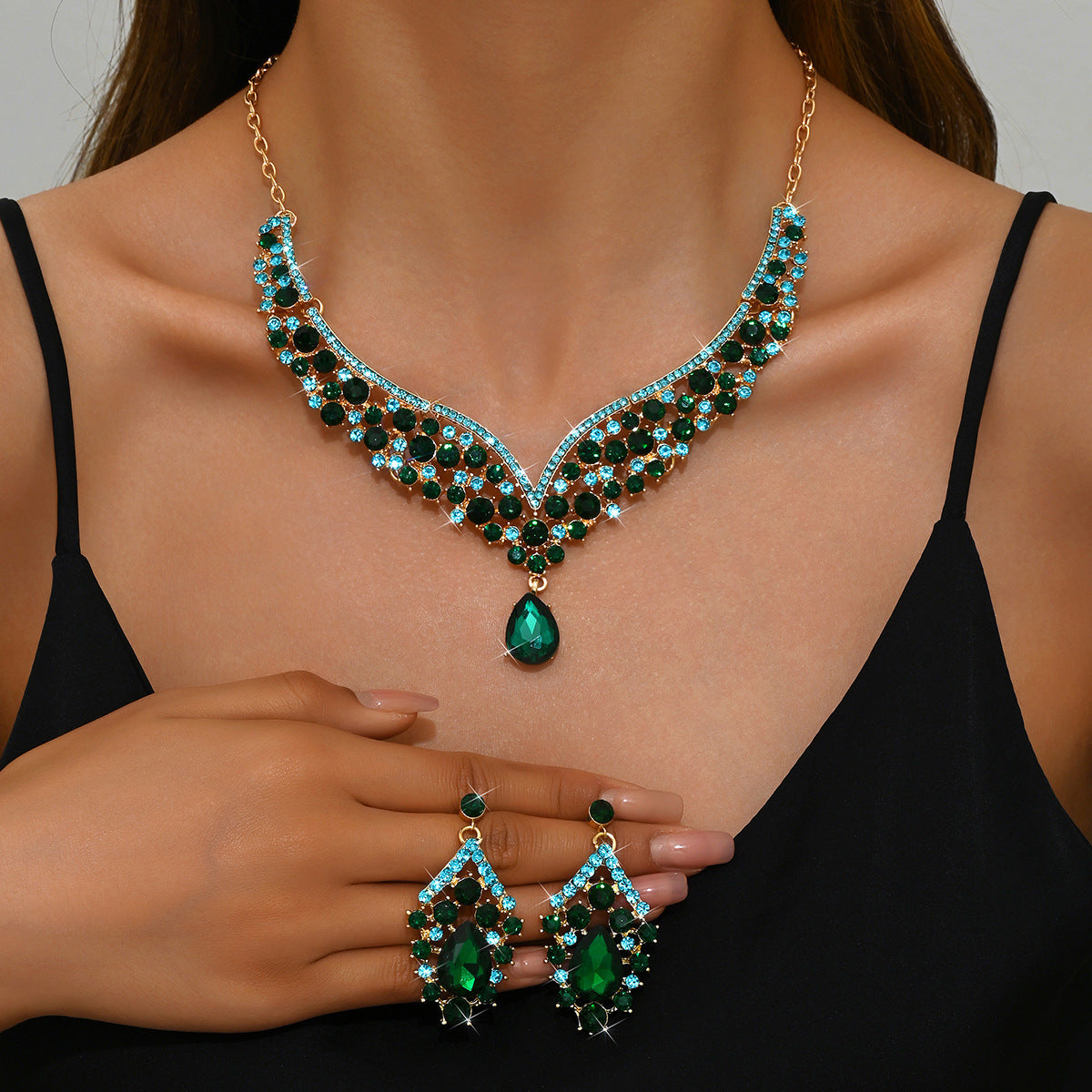 Stone-Set Flower Necklace and Earrings Bridal Set – Statement Wedding Jewelry