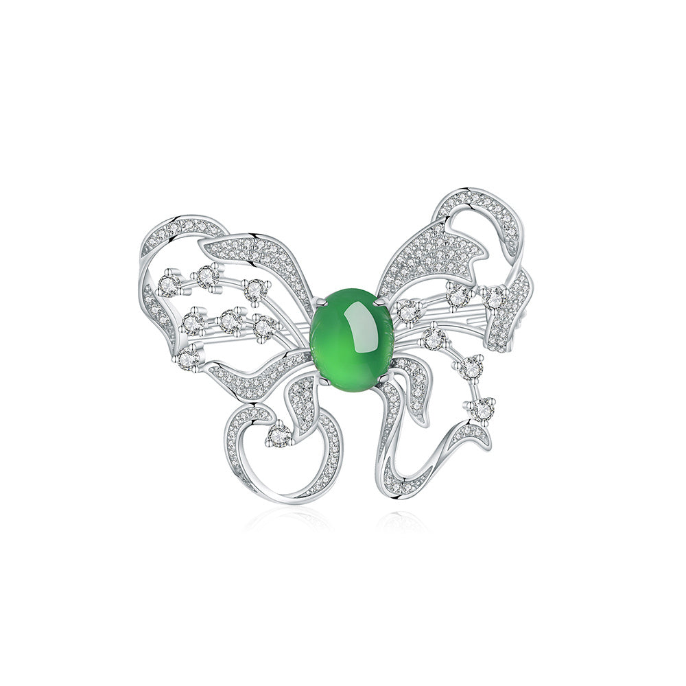 Sterling Silver Butterfly Brooch With 8 x 10 mm Green Chrysoprase Cabochon, Platinum-Plated — front view